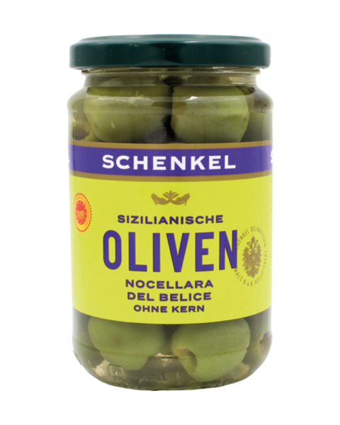 Schenkel Oliven Nocellara del Belice gruen, ohne Kern, aus Sizilien, 150 Gramm Abtropfgewicht
